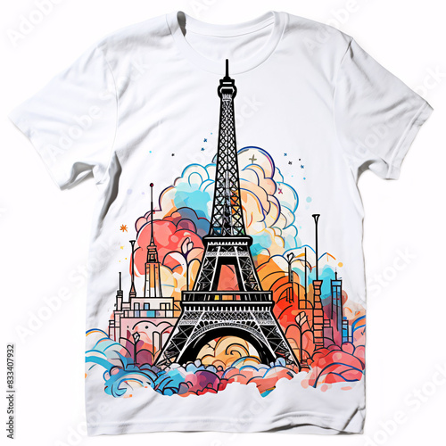 T-shirt with the Eiffel Tower. Paris in the background. France style drawing.