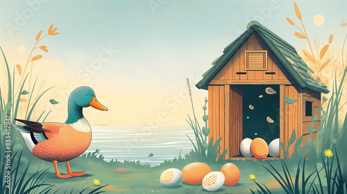 illustration of a duck coop scene featuring a duck, eggs, and a small pond. The duck coop is depicted with bold photo