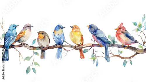 A watercolor painting of a branch with different species of birds sitting on it.