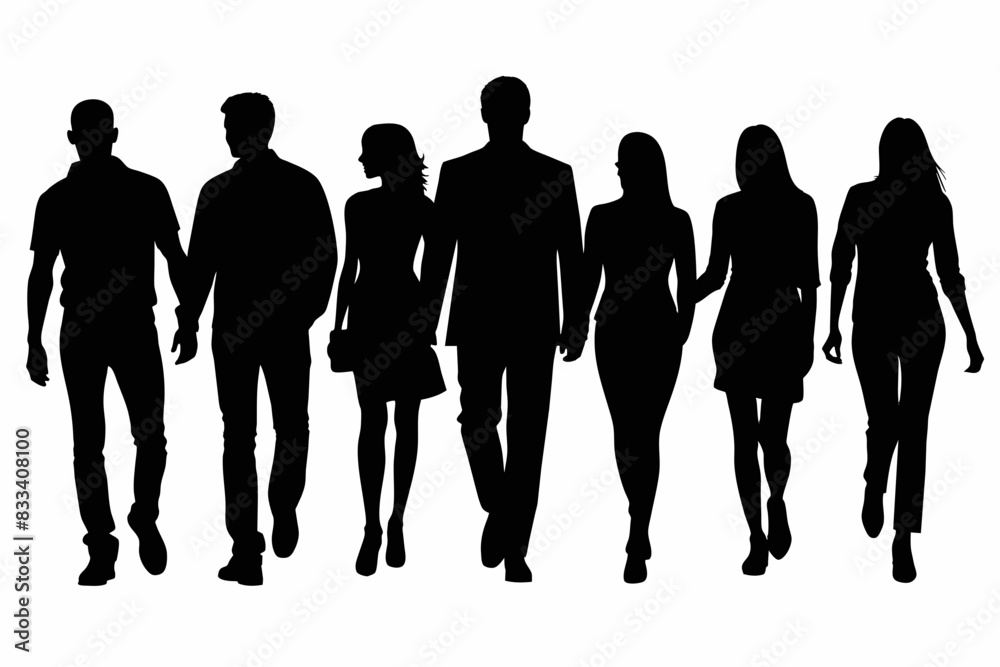 Vector silhouettes of men and women group of walking on white background Vector silhouettes of men and women group of walking on white background
