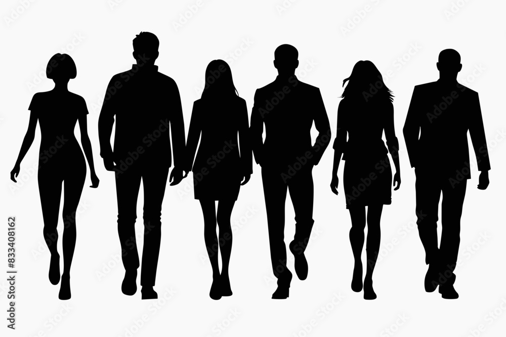 Vector silhouettes of men and women group of walking on white background Vector silhouettes of men and women group of walking on white background