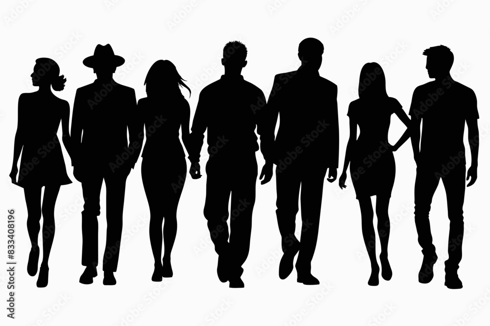 Vector silhouettes of men and women group of walking on white background Vector silhouettes of men and women group of walking on white background