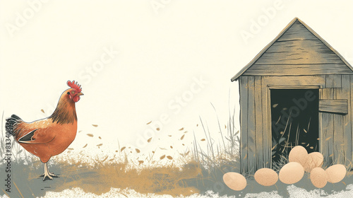 Flat art style illustration of a chicken coop scene featuring a hen and eggs. The chicken coop is simple and charming, with clean lines and a rustic design photo