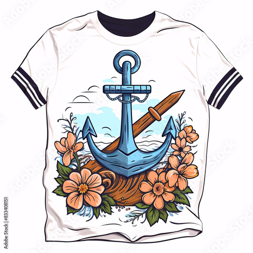 T-shirt with a nautical theme of a ship's anchor on the shore of the sea with flowers.