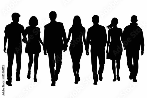 Vector silhouettes of men and women group of walking on white background