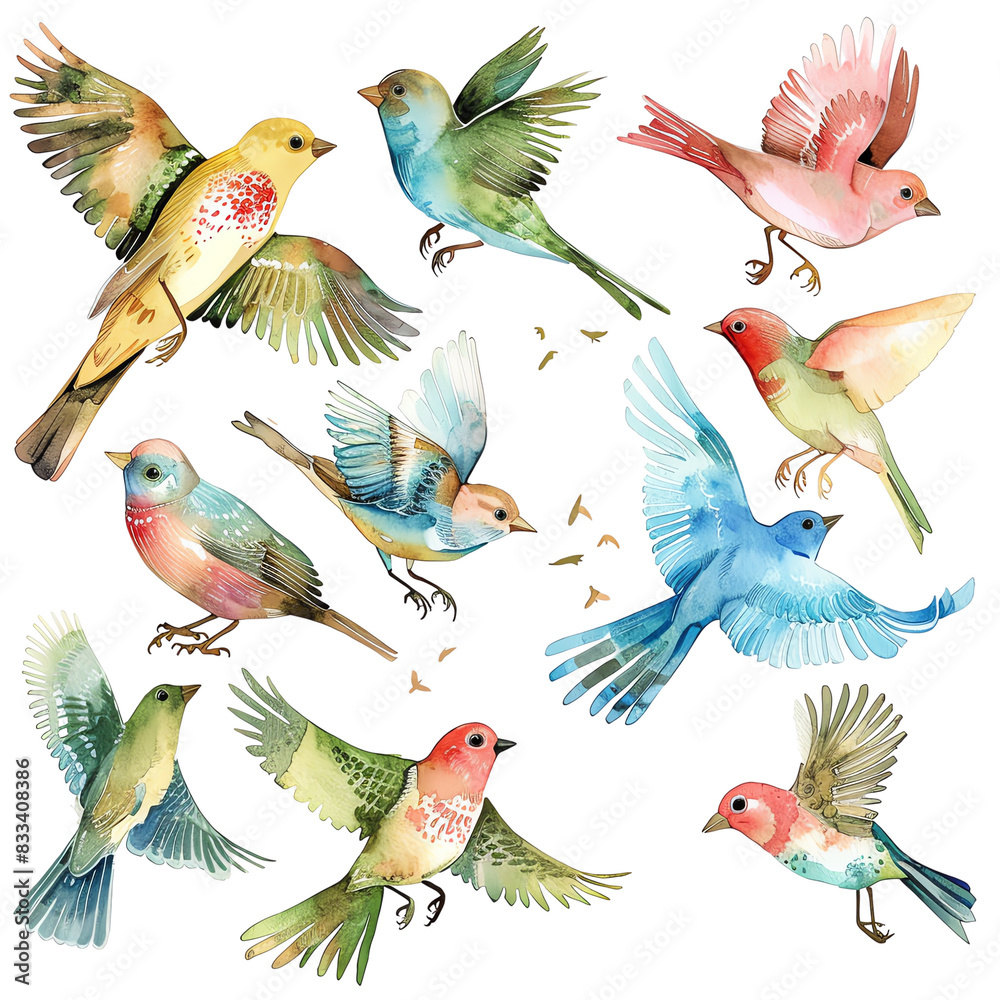 Fototapeta premium A watercolor painting of various colorful birds with different poses.