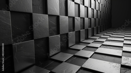 Abstract black geometric backdrop with 3D grid of cubes and shadows. Perfect for modern designs, backgrounds, and creative visual content.