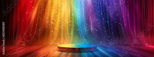 Rainbowcolored stage with podium and falling confetti photo