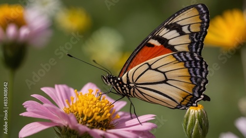 Macro shot of A vibrant butterfly perched on a colorful flower. The wings of the butterfly should be open  displaying their full pattern and color. A blooming meadow with a variety of wildflowers. The