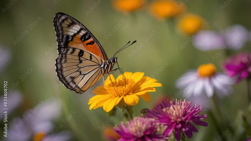 Macro shot of A vibrant butterfly perched on a colorful flower. The wings of the butterfly should be open, displaying their full pattern and color. A blooming meadow with a variety of wildflowers. The Macro shot of A vibrant butterfly perched on a colorful flower. The wings of the butterfly should be open, displaying their full pattern and color. A blooming meadow with a variety of wildflowers. The