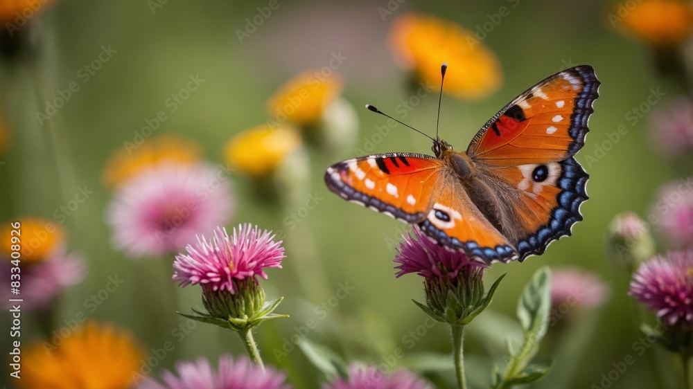 Macro shot of A vibrant butterfly perched on a colorful flower. The wings of the butterfly should be open, displaying their full pattern and color. A blooming meadow with a variety of wildflowers. The Macro shot of A vibrant butterfly perched on a colorful flower. The wings of the butterfly should be open, displaying their full pattern and color. A blooming meadow with a variety of wildflowers. The