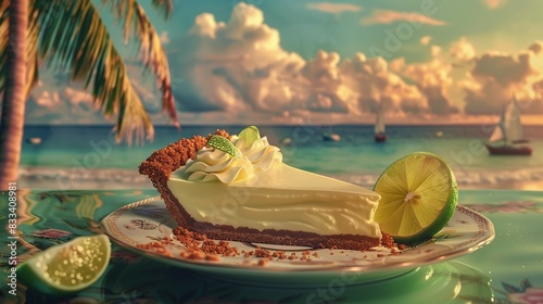 A delectable slice of key lime pie with a buttery graham cracker crust, served on a vintage china plate, against a backdrop of a tropical paradise. copy space for text. photo