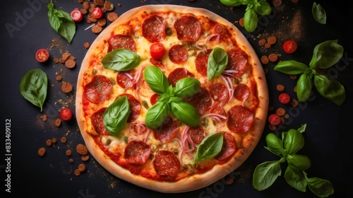 Delicious aromatic pizza with gooey cheese, salami, pepperoni, and basil, next to the ingredients on a dark table surface.
