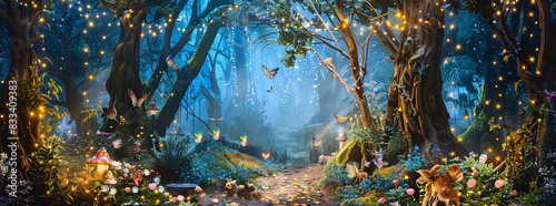 Glowing Fireflies and Fairies in a Magical Night Forest