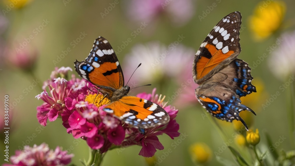 Macro shot of A vibrant butterfly perched on a colorful flower. The wings of the butterfly should be open, displaying their full pattern and color. A blooming meadow with a variety of wildflowers. The Macro shot of A vibrant butterfly perched on a colorful flower. The wings of the butterfly should be open, displaying their full pattern and color. A blooming meadow with a variety of wildflowers. The