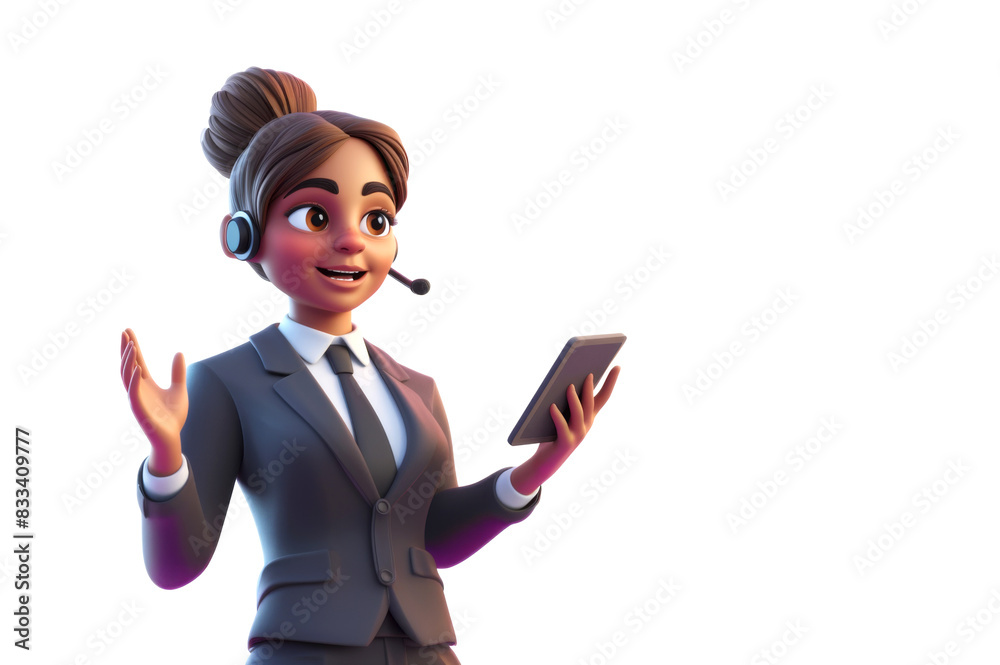 Woman in business suit with tablet and microphone. Presentation and speech. Isolated 3d character on white background. Woman in business suit with tablet and microphone. Presentation and speech. Isolated 3d character on white background.