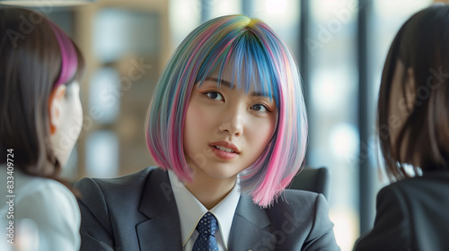 Japanese tomboy with very short, smooth straight colorful hair, wearing a male suit with a necktie. Her hair features vibrant streaks of pink, blue, and purple photo