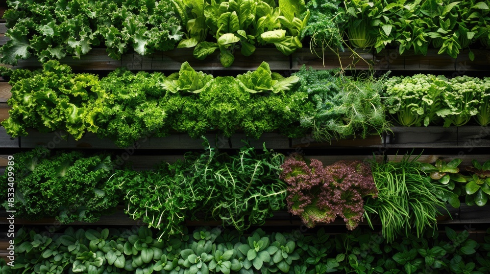 Mass production of green vegetables in a controlled environment on a modern vertical farm. Automated room with controlled levels of air temperature, light, water and humidity for optimal growth