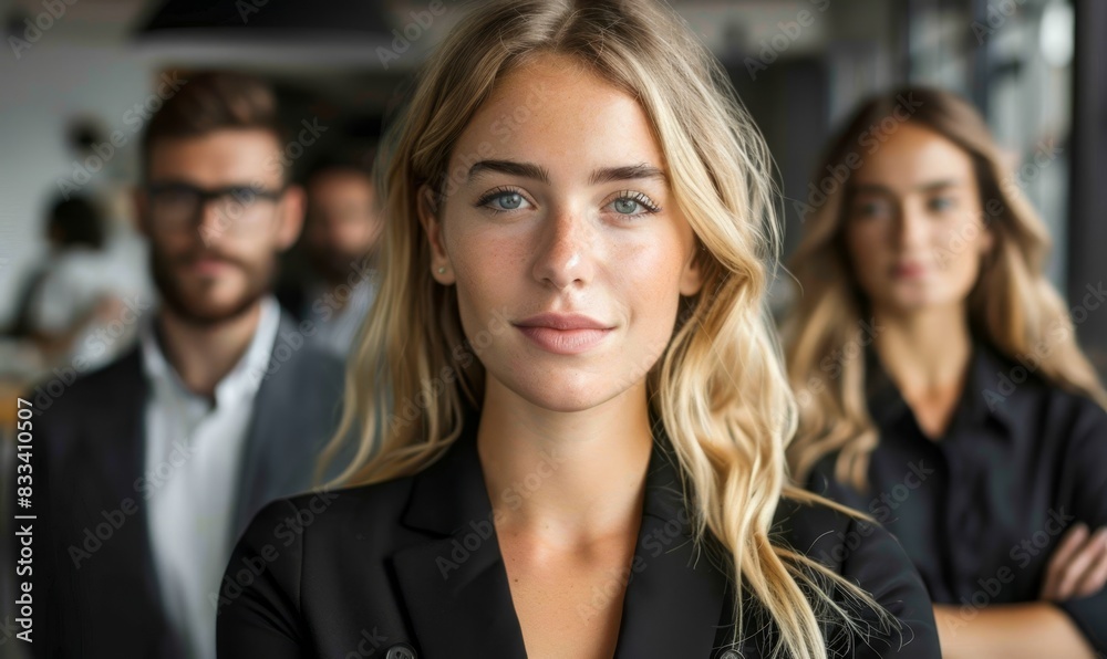 Confident CEO and her business team in the office looking at camera Confident CEO and her business team in the office looking at camera