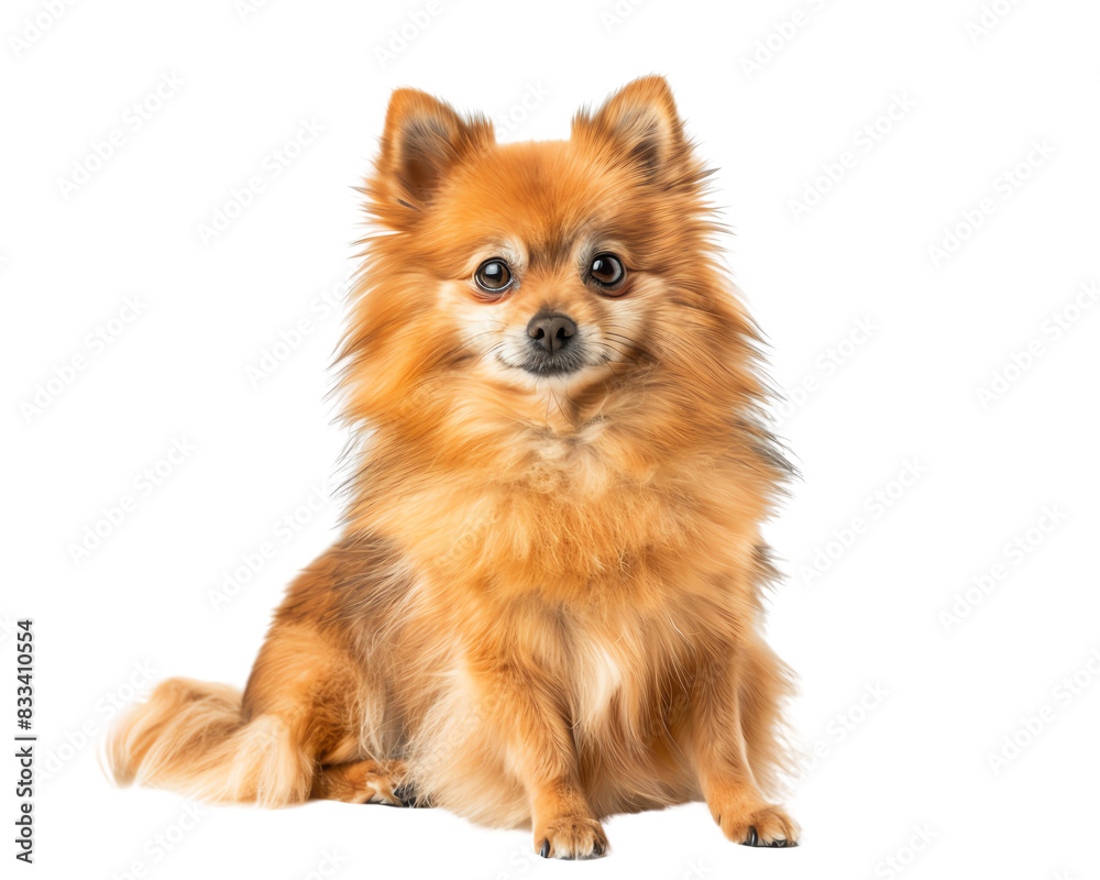 Cute pomeranian dog sitting on a white background, looking up at the camera with a happy expression on its face. Cute pomeranian dog sitting on a white background, looking up at the camera with a happy expression on its face.