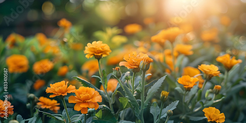 Orange Marigolds Flower Fields Selective Focus Background