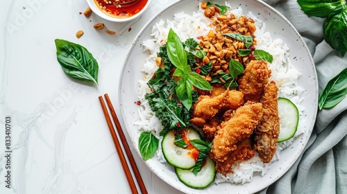 A white plate with white rice topped with crispy kale leaves fried chicken fried tempeh basil leaves cucumber and spicy sauce on a white background