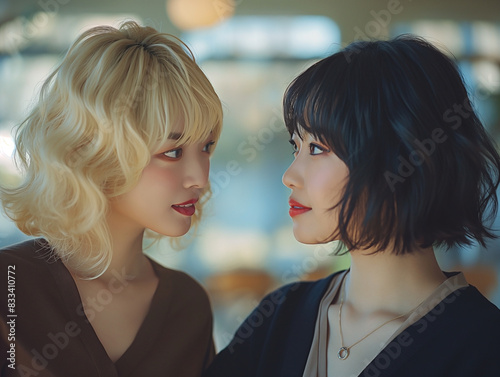 Photograph of Japanese female lesbian couple packing vacation bags in a very small romantic apartment room photo