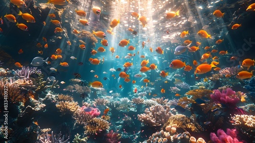 Immersive Underwater World Teeming with Vibrant Coral Reefs and Exotic Fish Illuminated by Golden Sunrays