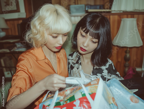 Photograph of Japanese female lesbian couple packing vacation bags in a very small romantic apartment room photo