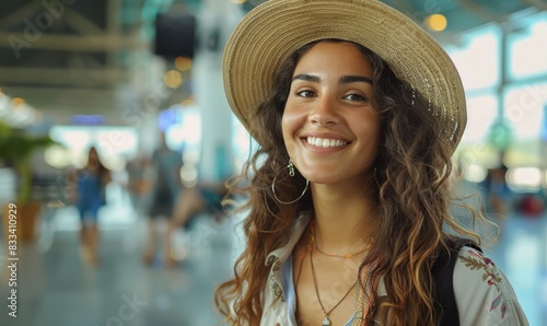 Happy female tourist at airport looking at camera © khwanchai