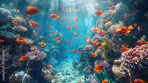 Vibrant Coral Reef Teeming with Exotic Underwater Marine Life and Penetrating Sunlight