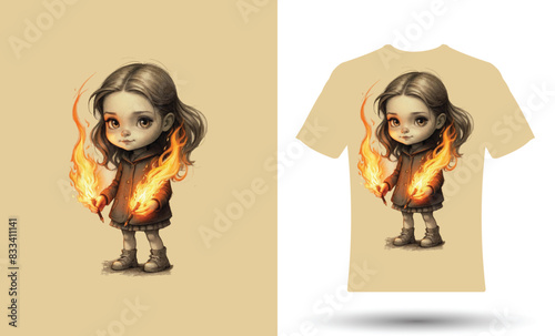T shirt design of a little girl standing with a stick with fire in her hand