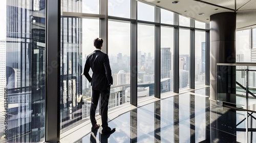 A businessman stands in a modern high-rise office  overlooking the city skyline through large glass windows  reflecting a professional and contemplative atmosphere.