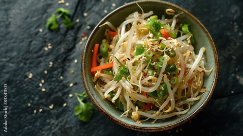 Top-down photograph of a bean sprout salad in a bowl, set against a dark background