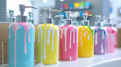 Colorful soap dispensers lined up neatly on a shelf, each one a different hue, ready for use in a bathroom or kitchen.