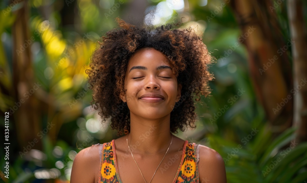 Smiling woman meditating with eyes closed in garden Smiling woman meditating with eyes closed in garden