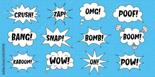 A set of speech bubbles with expressive inscriptions, clouds and explosions in a comic style on a bright blue background. Retro banner in pop art style with halftone backdrop, doodle element. 