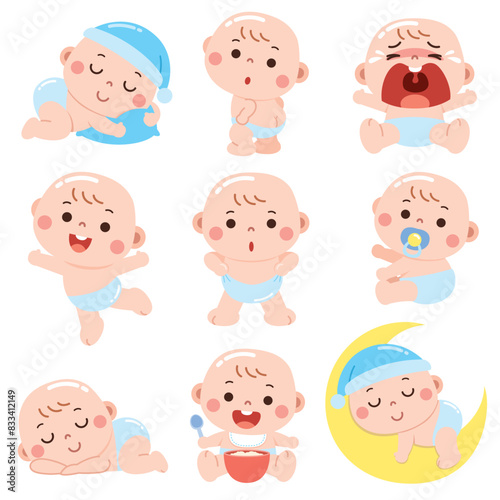 Cute Cartoon Baby in Different Emotions and Activities