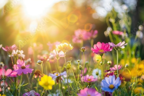 beautiful cosmos flower field, summer and spring banner, colourful flowers