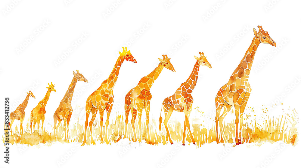 Naklejka premium The image shows a group of giraffes walking through a grassy field