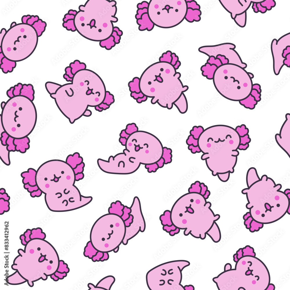 Cute kawaii baby axolotl. Seamless pattern. Cartoon funny animals character. Hand drawn style. Vector drawing. Design ornaments. Cute kawaii baby axolotl. Seamless pattern. Cartoon funny animals character. Hand drawn style. Vector drawing. Design ornaments.