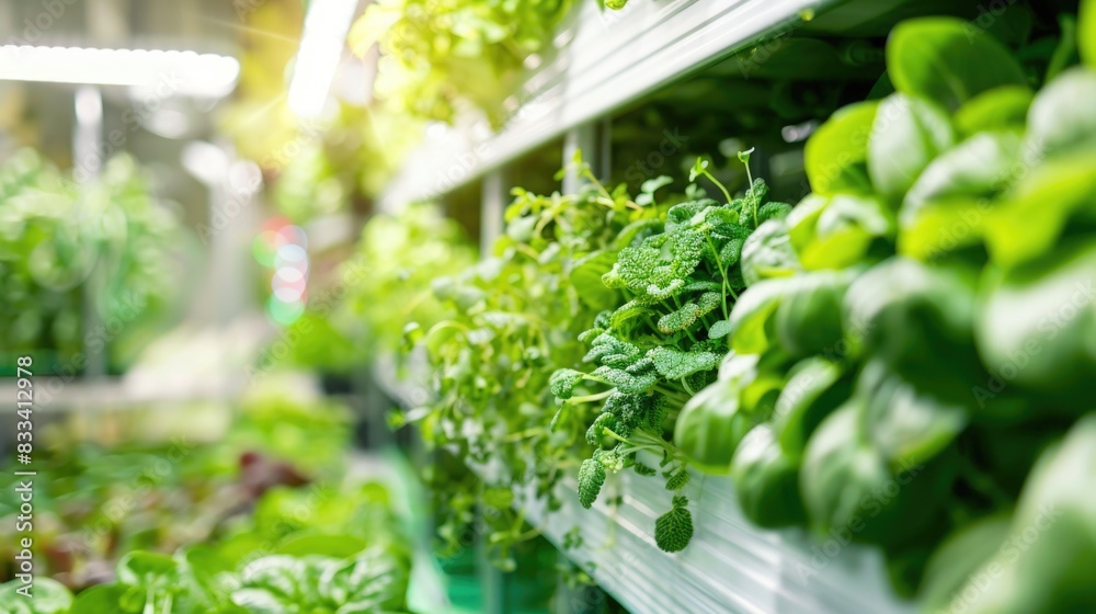 Mass production of green vegetables in a controlled environment on a modern vertical farm. Automated room with controlled levels of air temperature, light, water and humidity for optimal growth Mass production of green vegetables in a controlled environment on a modern vertical farm. Automated room with controlled levels of air temperature, light, water and humidity for optimal growth