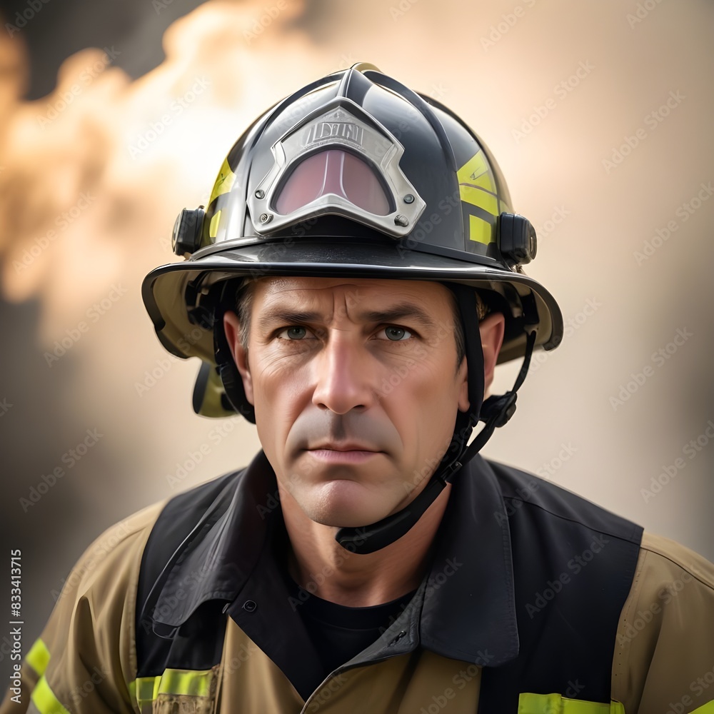 a fireman wearing a firefighter uniform. a fireman wearing a firefighter uniform.