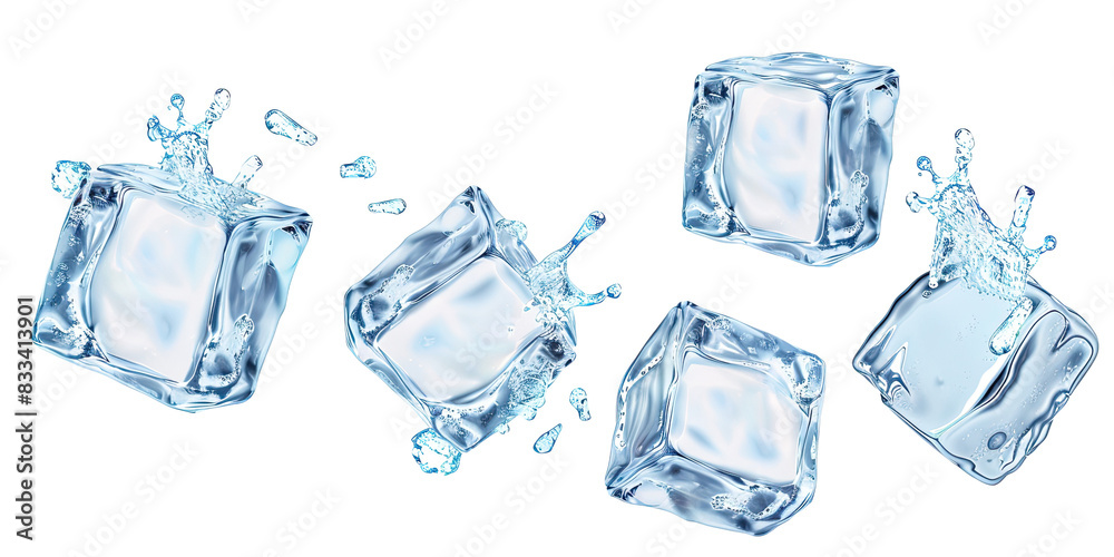 Four ice cubes splashing water, isolated on a transparent background. The ice cubes are mid-air, showing dynamic motion and freshness, ideal for cooling and beverage concepts. Four ice cubes splashing water, isolated on a transparent background. The ice cubes are mid-air, showing dynamic motion and freshness, ideal for cooling and beverage concepts.