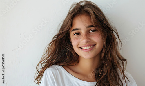 Radiant young woman with freckles smiling against white background photo