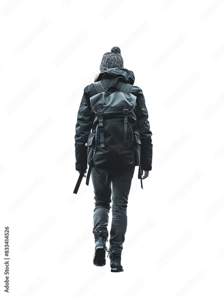 The image shows a man walking away from the camera. He is wearing a black jacket and black pants. He has a backpack on his back and a gun in his hand. The image shows a man walking away from the camera. He is wearing a black jacket and black pants. He has a backpack on his back and a gun in his hand.