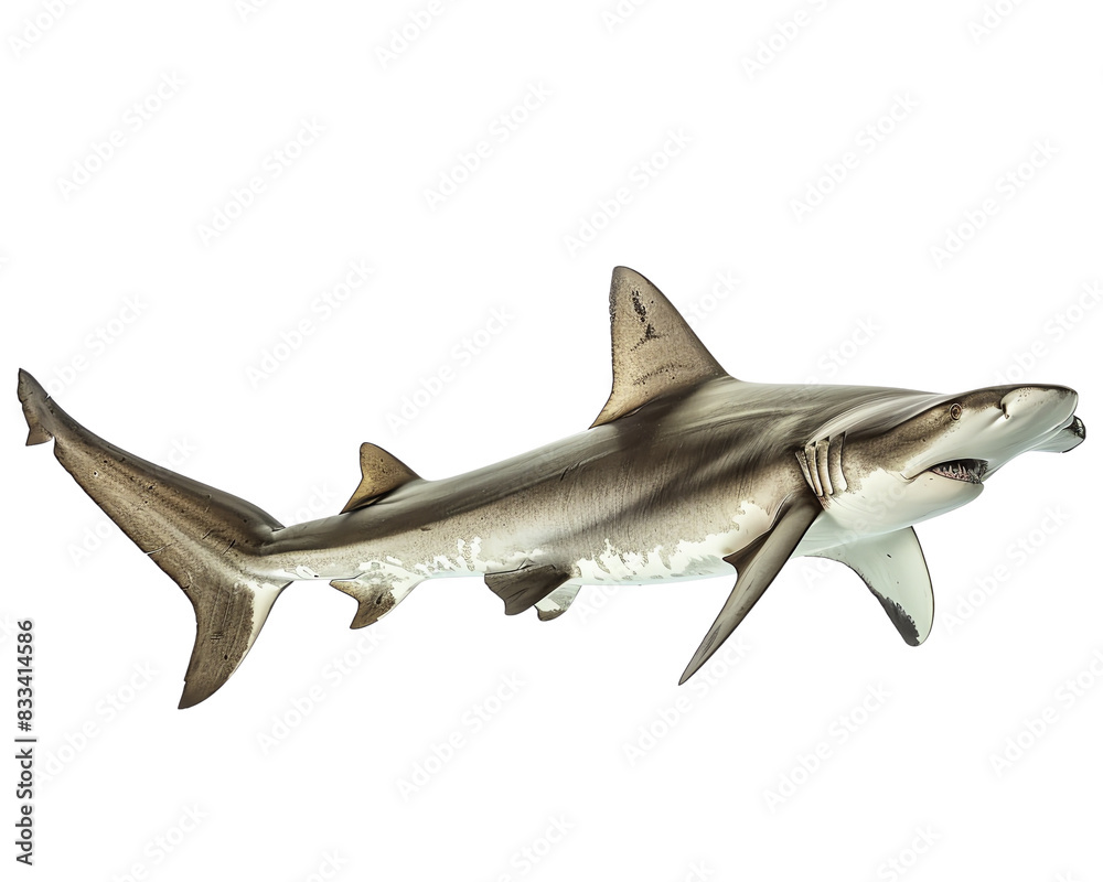 The image shows a shark with a dark gray body, a white belly, and a long, pointed snout. The shark is swimming in a blue ocean with white waves crashing in the background. The image shows a shark with a dark gray body, a white belly, and a long, pointed snout. The shark is swimming in a blue ocean with white waves crashing in the background.