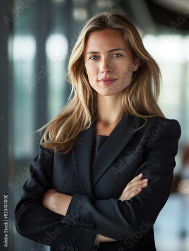 Portret biznesowy pięknej kobiety - pewnej siebie blondynki w przestrzeni biurowej. photo