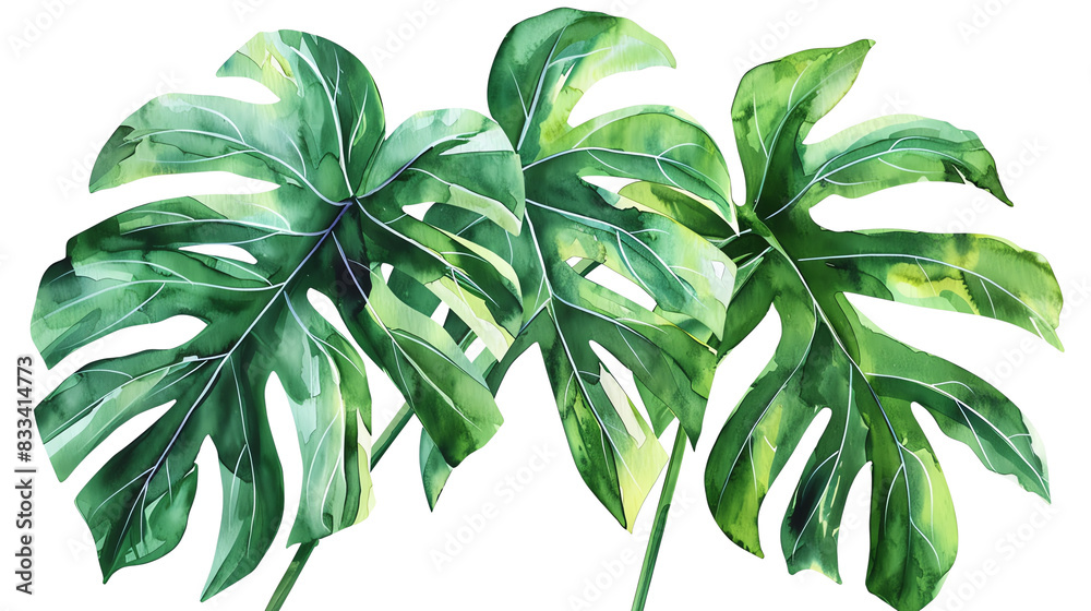 The image shows a watercolor painting of a monstera deliciosa plant, white isolate background , png file . The image shows a watercolor painting of a monstera deliciosa plant, white isolate background , png file .