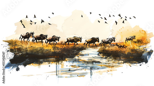 The image shows a watercolor painting of a herd of wildebeests running across a river photo
